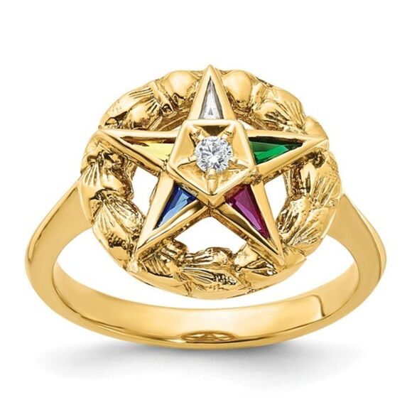 14k Gold Eastern Star Masonic Women's Ring with Multi-color CZ Stones and Diamon - Picture 1 of 8